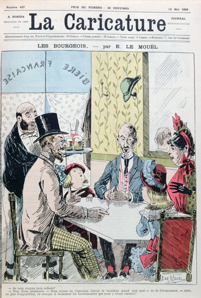 A Bourgeois couple explaining that they only had two children for economic reasons, from La Caricature, 12th May 1888 by E. Le Mouel